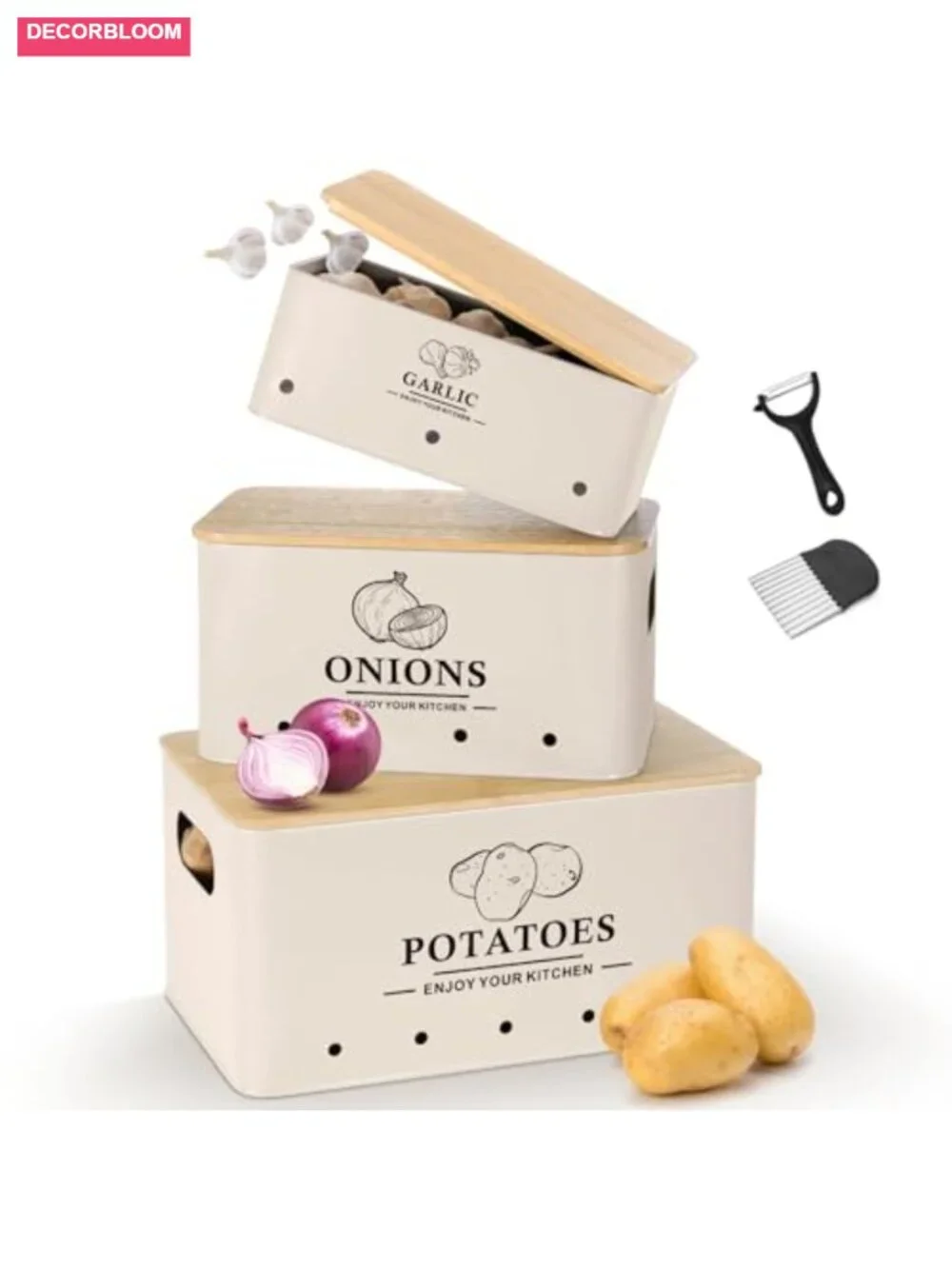 3-Piece Metal Vegetable Storage Set with Bamboo Lids, Aeration Holes, Kitchen